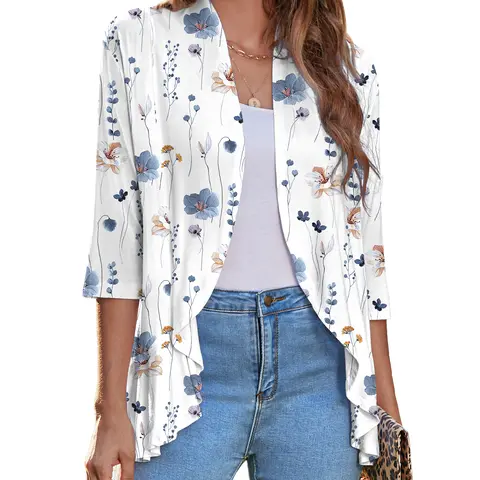 ZEAGOO Women's Open Front Cardigan 3/4 Sleeve Draped Ruffles Soft Knit Sweaters S-3XL summerwins