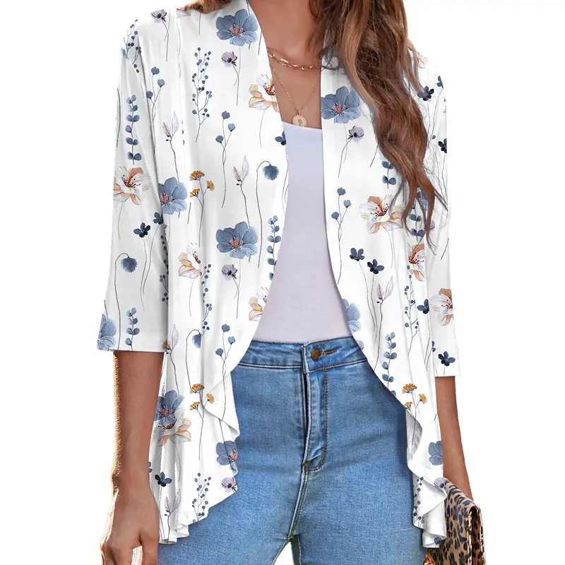 ZEAGOO Women's Open Front Cardigan 3/4 Sleeve Draped Ruffles Soft Knit Sweaters S-3XL summerwins