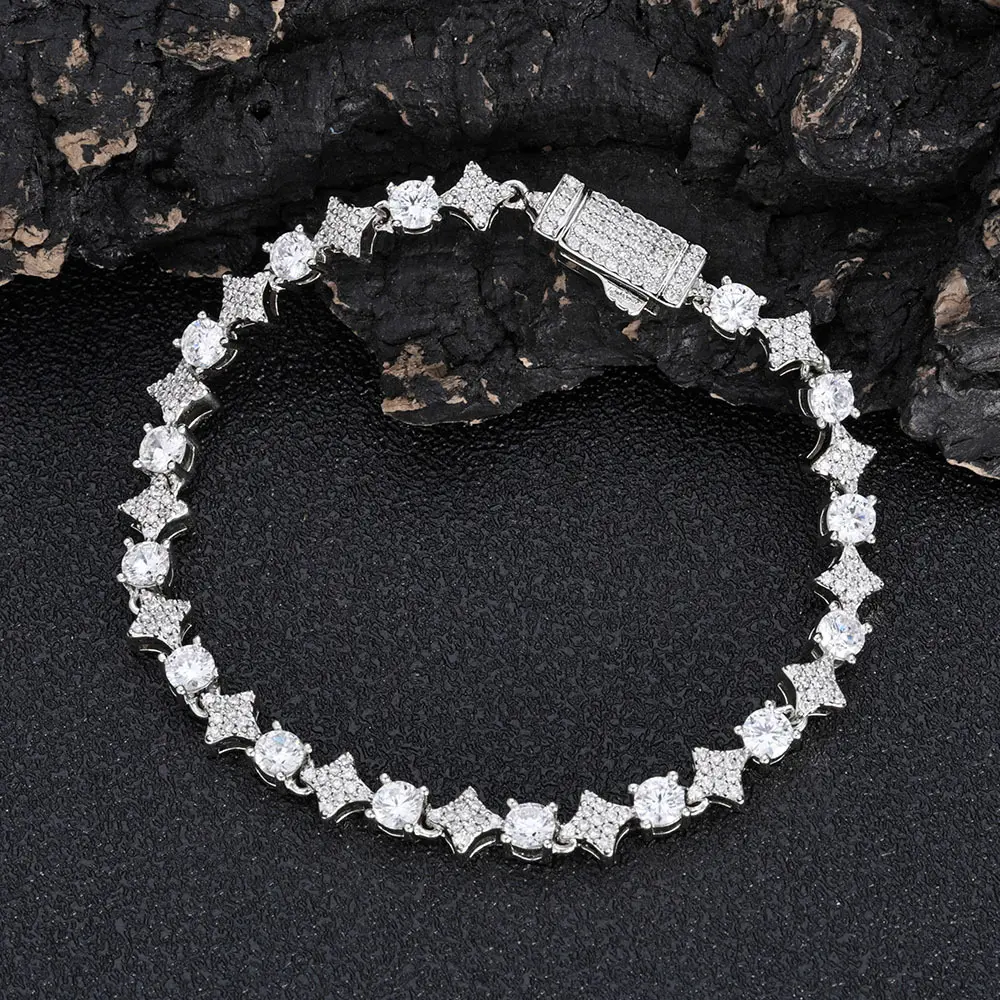 Men's Iced Out Tennis Bracelet, 6mm Hip Hop Style Cubic Zirconia Jewelry with Cross and Star Pattern Links, Beautiful Bracelets