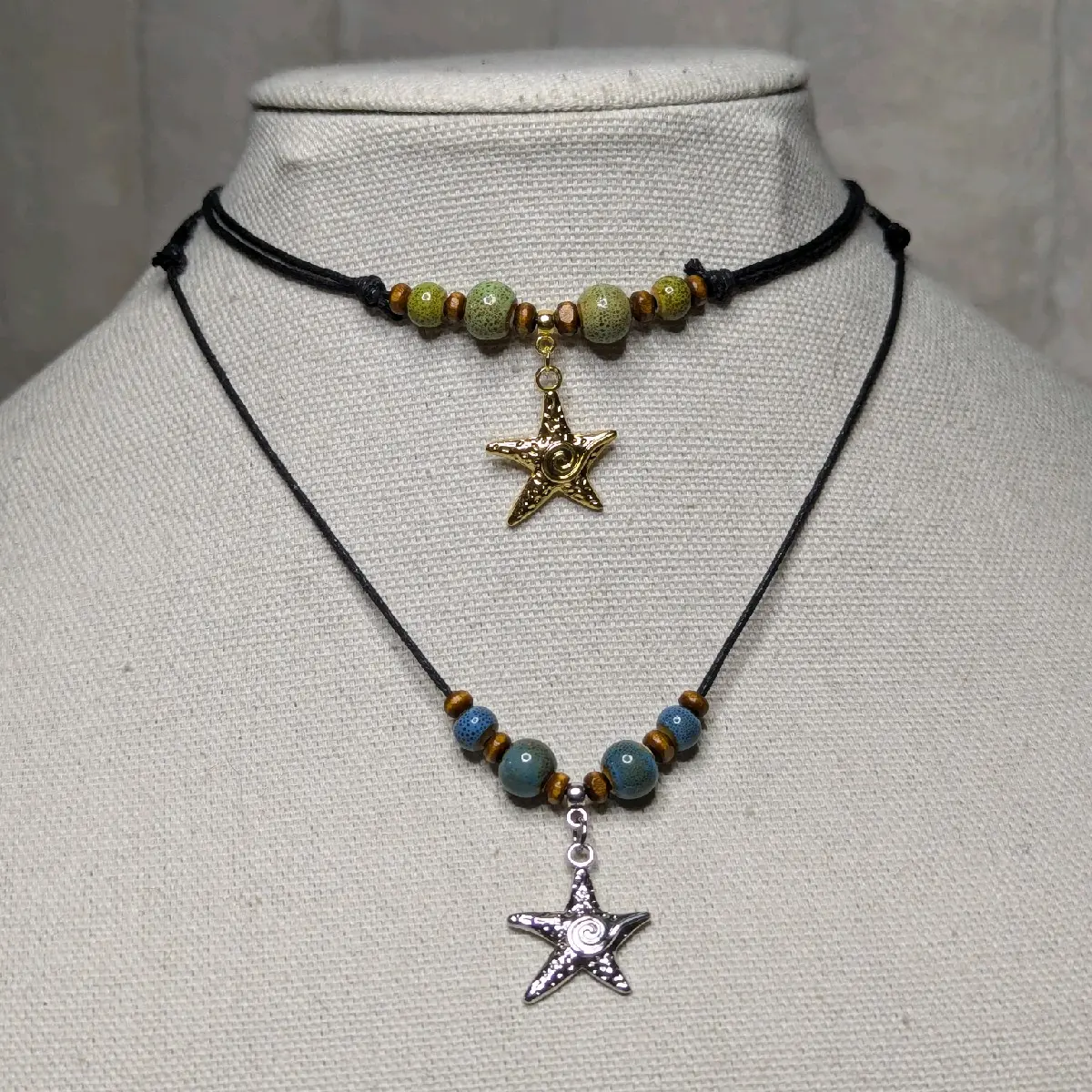 Starfish Swirl Charm Ceramic Beaded Silver or Gold Boho Hippie Whimsical Adjustable Black Rope Cord Choker Stacking Necklace