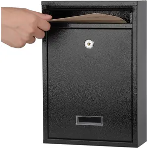 Wall Mount Locking Mailbox for Outside, Security Steel Drop Box with Key Lock for Letters, Cash, Cards, Black Mail Box for House Office School, 12.4H x 8.54L x 3.35W Inches