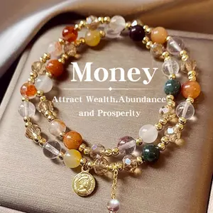 High-End Double Layer Rainbow Tourmaline Round Beads Bracelet, Bohemian Style Bracelet with Delicate Longevity Lock, Unique Jewelry for Women