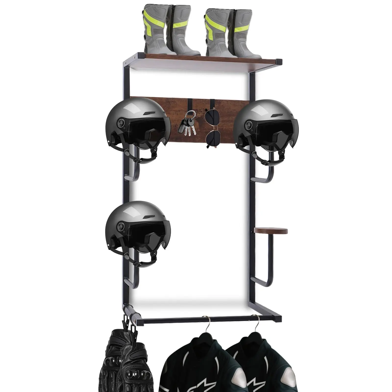 Motorcycle Helmet Wall Mount Rack | Solid Wood Base + Iron Frame | Vintage Black Finish | Smooth Surface | Garage Riding Gear Organizer