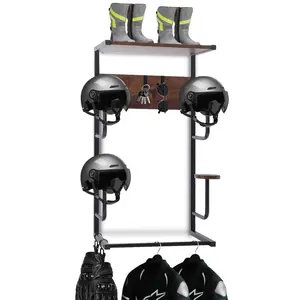 Motorcycle Helmet Rack Wall Mount with Solid Wood Base | Retro Black Finish | Helmet & Bike Gear Organizer for Garage Storage