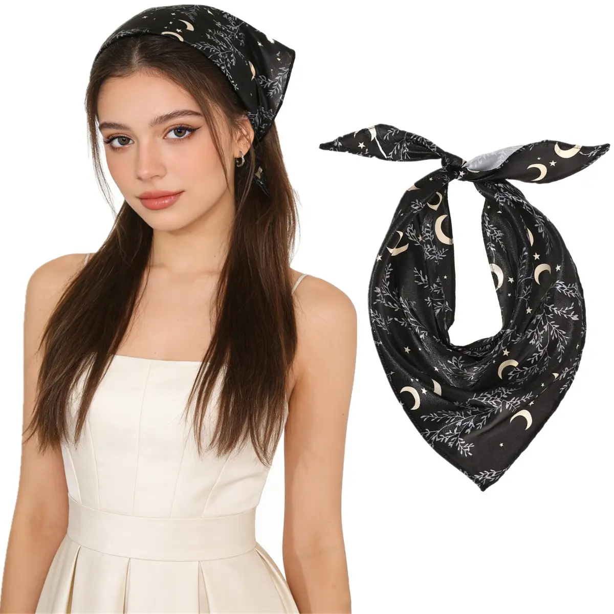 AWAYTR Hair Kerchief for Women, Bohemian Stars and Moons Print Chiffon Triangular Fashion Hair Scarf, Soft Tie-On Headband for Parties & Yoga, Fashion Hair Scarves