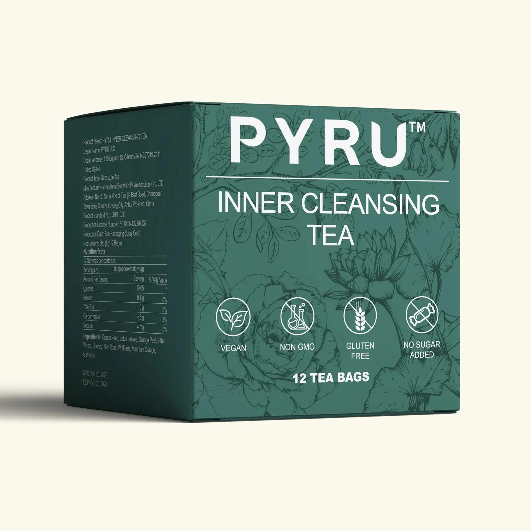 PYRU Inner Cleansing Tea – Herbal Detox Tea for Digestive Health & Natural Body Cleanse – Caffeine-Free Herbal Blend (15 Bags)