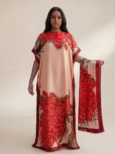 Women's Elegant Animal Pattern Robe Set, Long Dress + Headscarf Scarf Hairband, Beach Sun Protection Satin Silk Shawl, All Seasons, Swimsuit Coverup