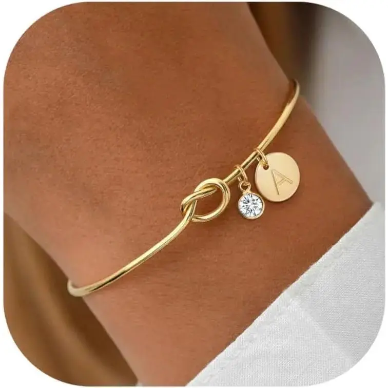 Initial Birthstone 14K Gold Plated Bracelets for Women Bridesmaid Proposal Gift Love Knot Cuff Bangle Bracelet Birthday Gifts