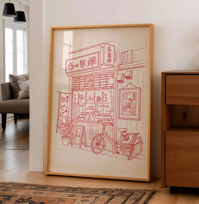 [Sale off up to 50%] [Free ship] [No Frame] Vintage Ramen Shop Line Art Poster, Japanese Street Food Print