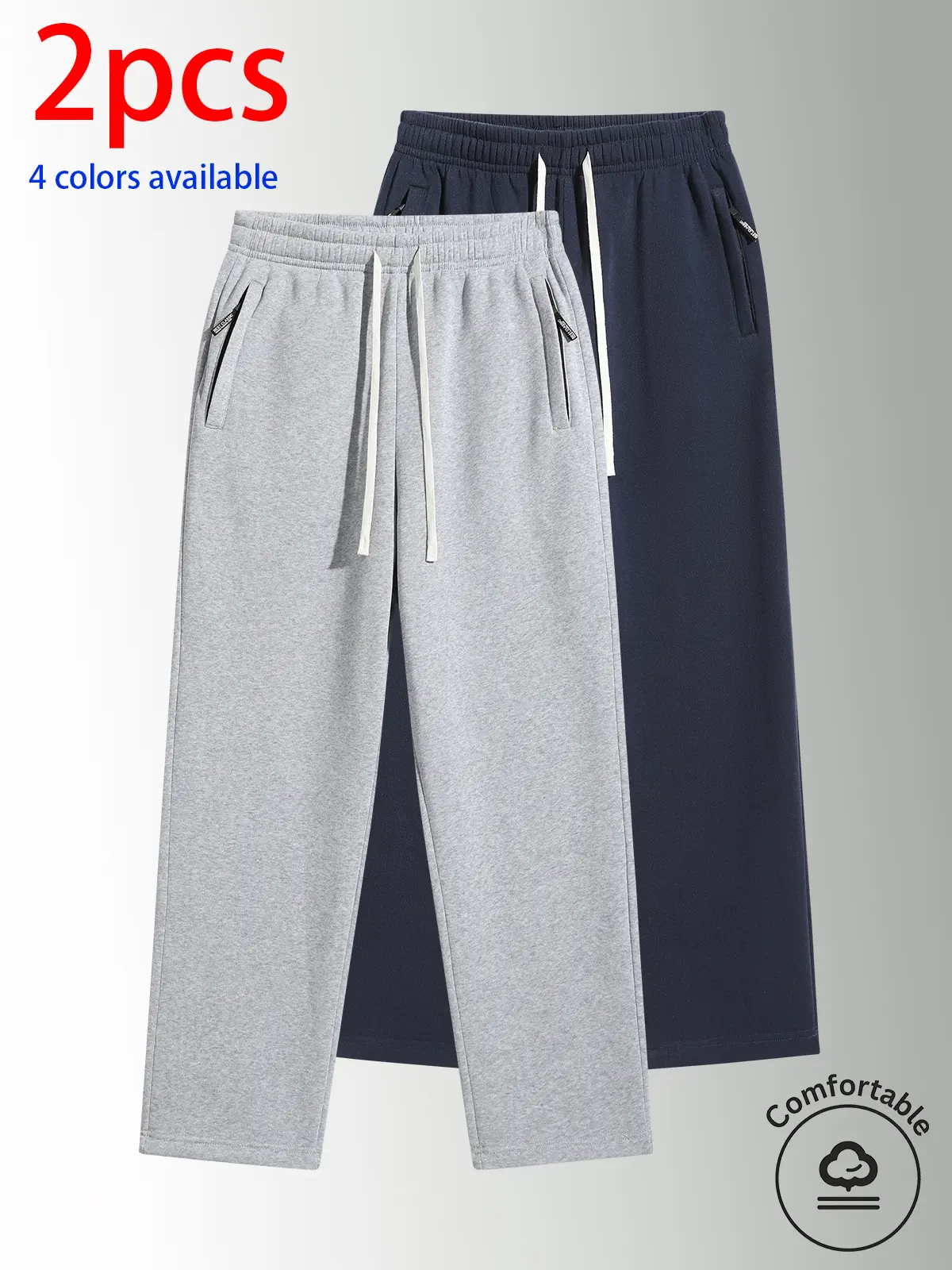 2-pack men’s long pants, casual men’s long pants, men’s straight-leg pants, elastic waistband with a long drawstring, minimalist loose wide-leg straight-cut design that elongates the figure vertically, suitable for commuting, campus, sports, and everyday