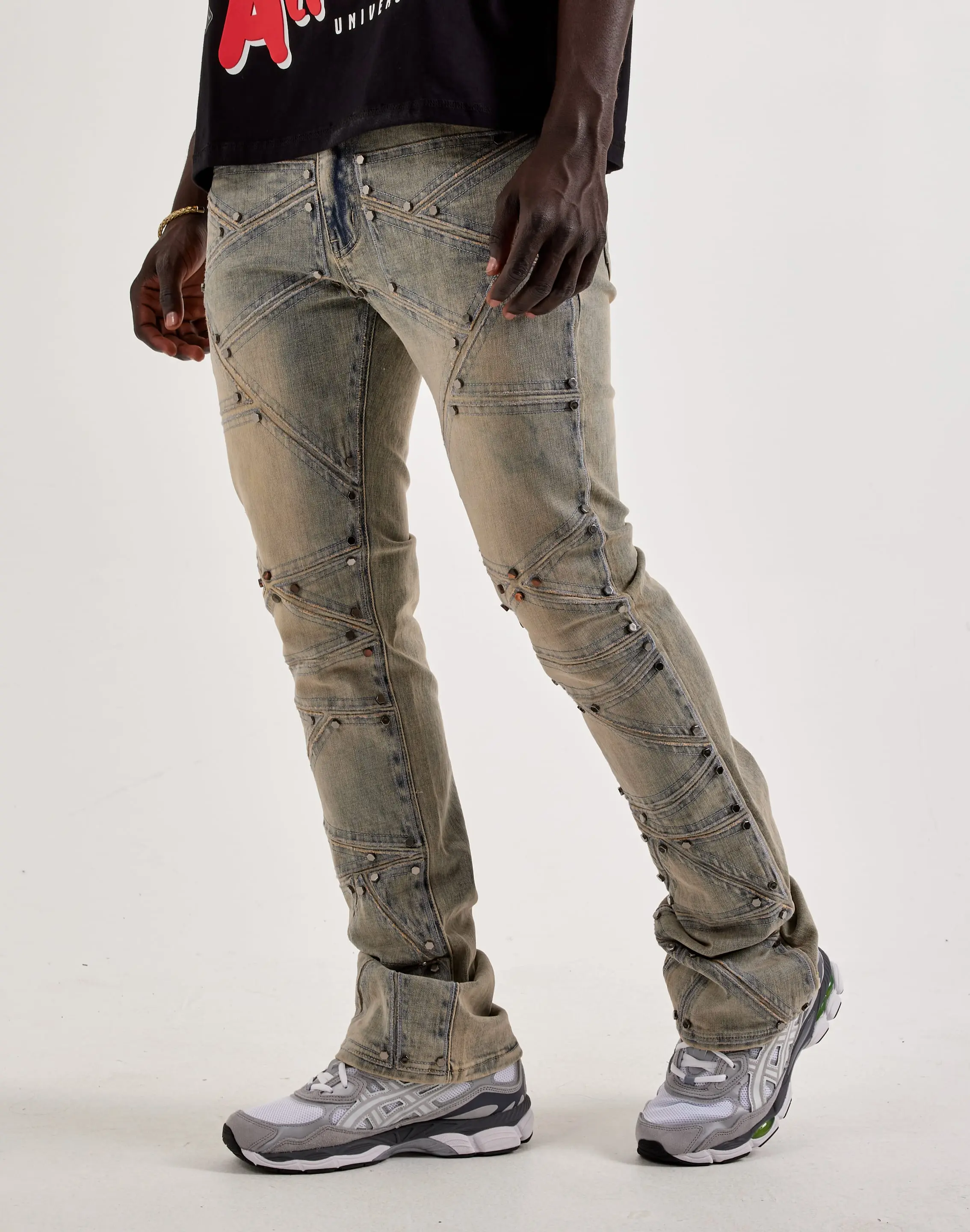 Mens WAIMEA Studded Geo-Shapes Flared Denim Jeans