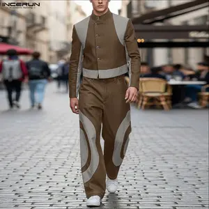  INCERUN COS Trendy/Avant-Garde Men's/Unisex Color Block Deconstructed Crop Set | Wide Leg Trousers Outerwear | Trendy Street, Art Exhibition, Casual Daily