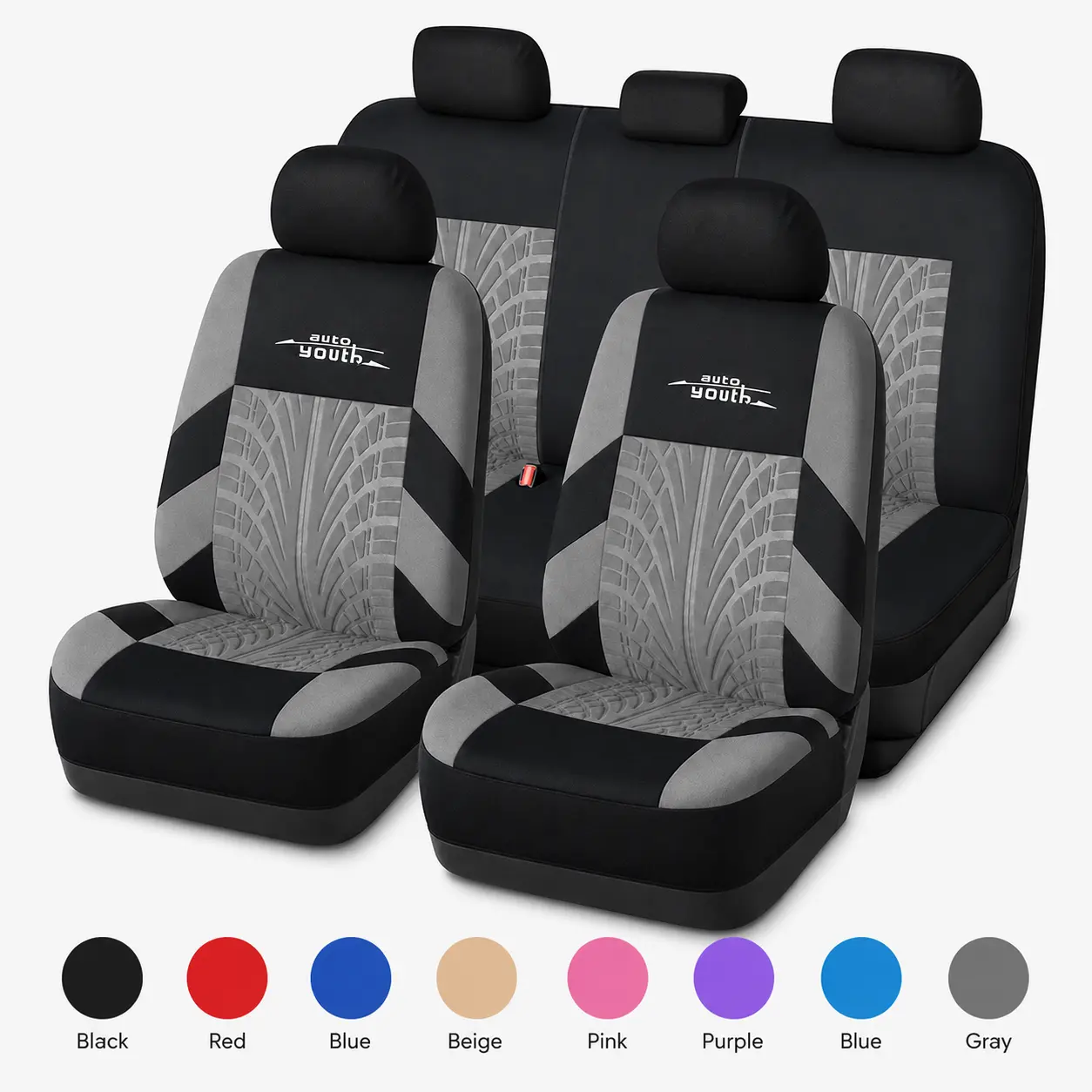 fabric car front Universal Car Seat Full Set Covers , Front and Rear Seat Covers for Cars SUV Trucks Vans, Airbag Compatible Automotive Seat Cover Set with Tire-Track Embossed Design, 4mm Foam Padding, Red and Black detail