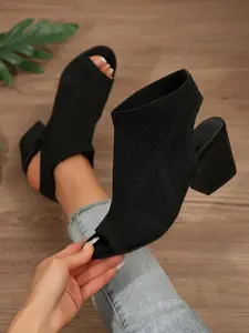 Women's Fashionable Fish Mouth Design High Heel Boots, Elegant Solid Color for Daily Wear, Female All-match Trend Shoes for Daily Wear, Girl, Chunky Heeled Shoe