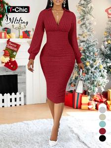 elegant slim-fitting long sleeve midi dress with v neck, spring & fall women's fashion, stylish waist-tie knit dress for casual occasions