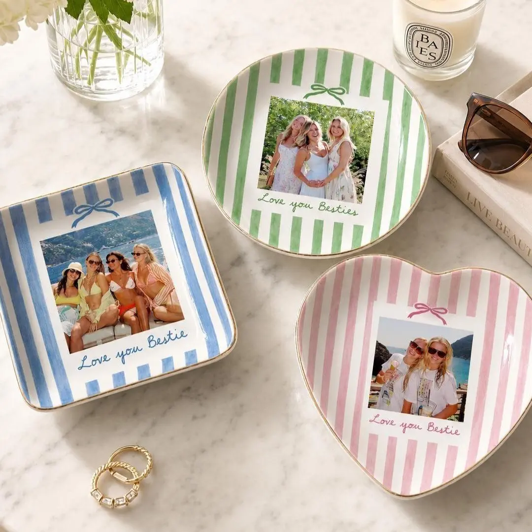 Personalized Bestie Photo Jewelry Dish, Ceramic Trinket Tray for Best Friend, Bestie Striped Ring Dish, Birthday Gifts For Bestie, Bestie Gifts Idea, Best Friend Gift