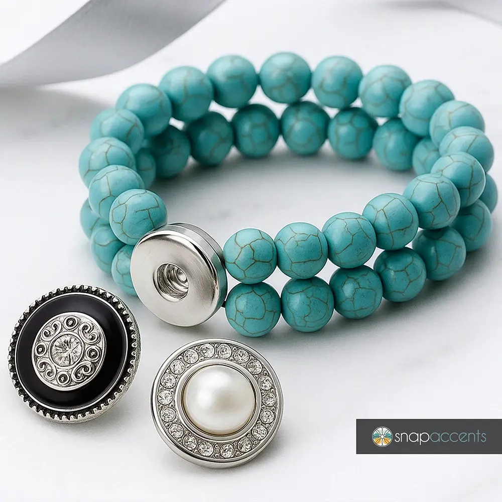 Snap Jewelry Set - 2 Snaps Charms, 1 Turquoise 6.5 inch Stretch Bead Bracelet Bundle, Fits 18MM 20MM Ginger Charm Snap Buttons