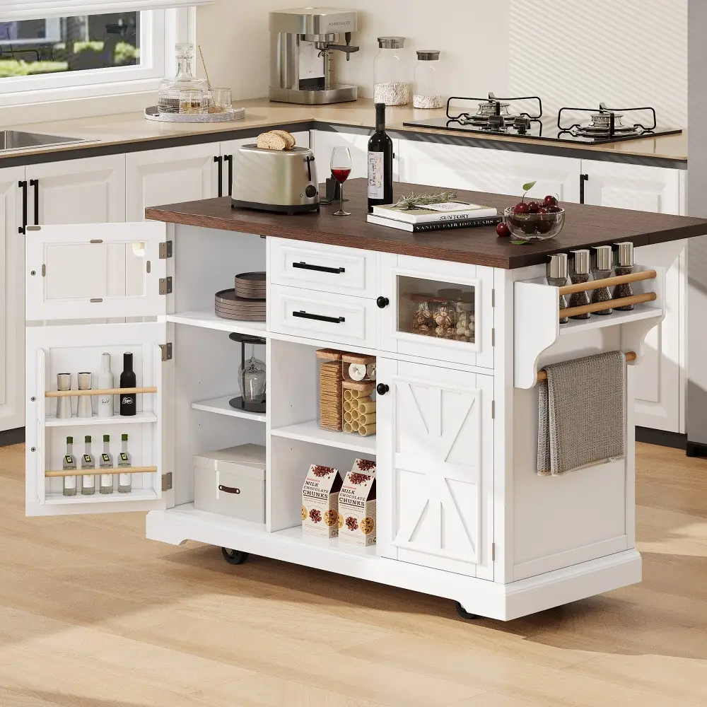 54.9" Rolling Kitchen Island with Drop Leaf, Power Outlet, 4-Shelf Storage Cart, Cross Barn Doors & Visual Glass Doors, Wheels for Kitchen, Dining Room, Visual Glass Door