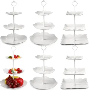 6 Pack 3 Tiered Serving Tray, Serving 3 Tier Cupcake Stand Dessert Stand Bulk, White Thick Cupcake Tray Cookie Display for Tea Baby Shower Wedding Birthday Home(White)