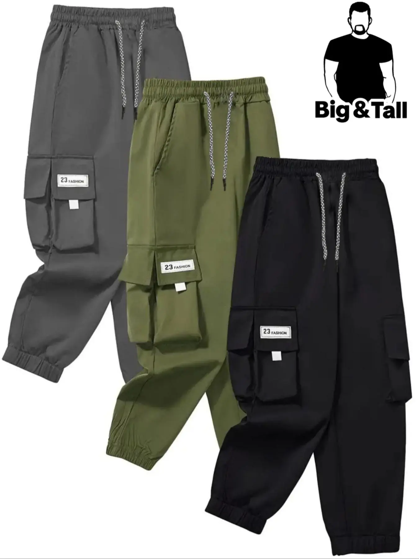 [Plus Size] Plain Letter Patched Drawstring Waist Cargo Pants, Cargo Pockets, Casual Pocket Trousers for Daily Wear, Men's Bottoms for All Seasons, Activewear, Casual Comfy Trousers, Athletic, Casual Streetwear Trousers, Drawstring Sports Pants