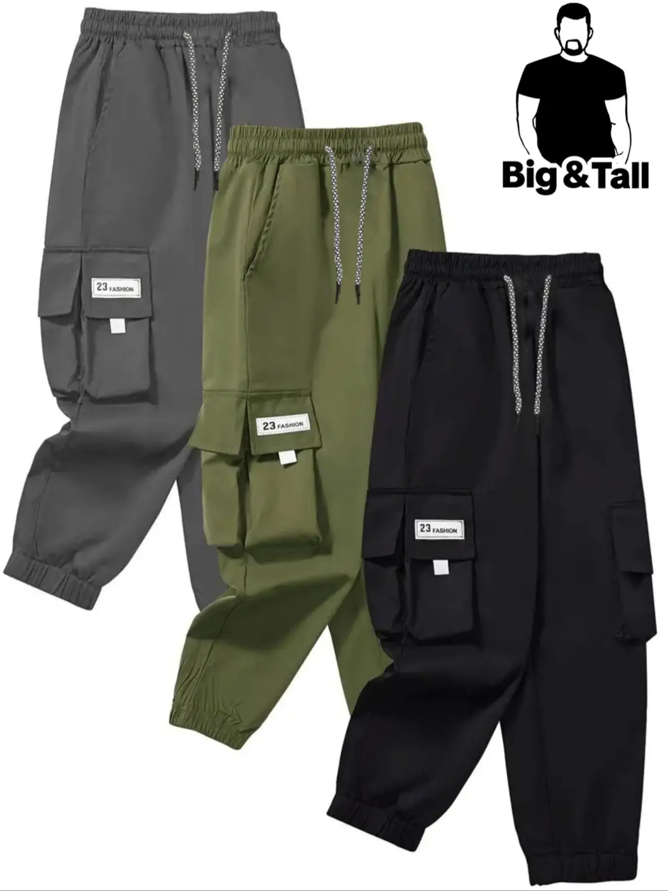 【Plus Size】 Plain Letter Patched Drawstring Waist Cargo Pants, Casual Pocket Trousers for Daily Wear, Men's Bottoms for All Seasons