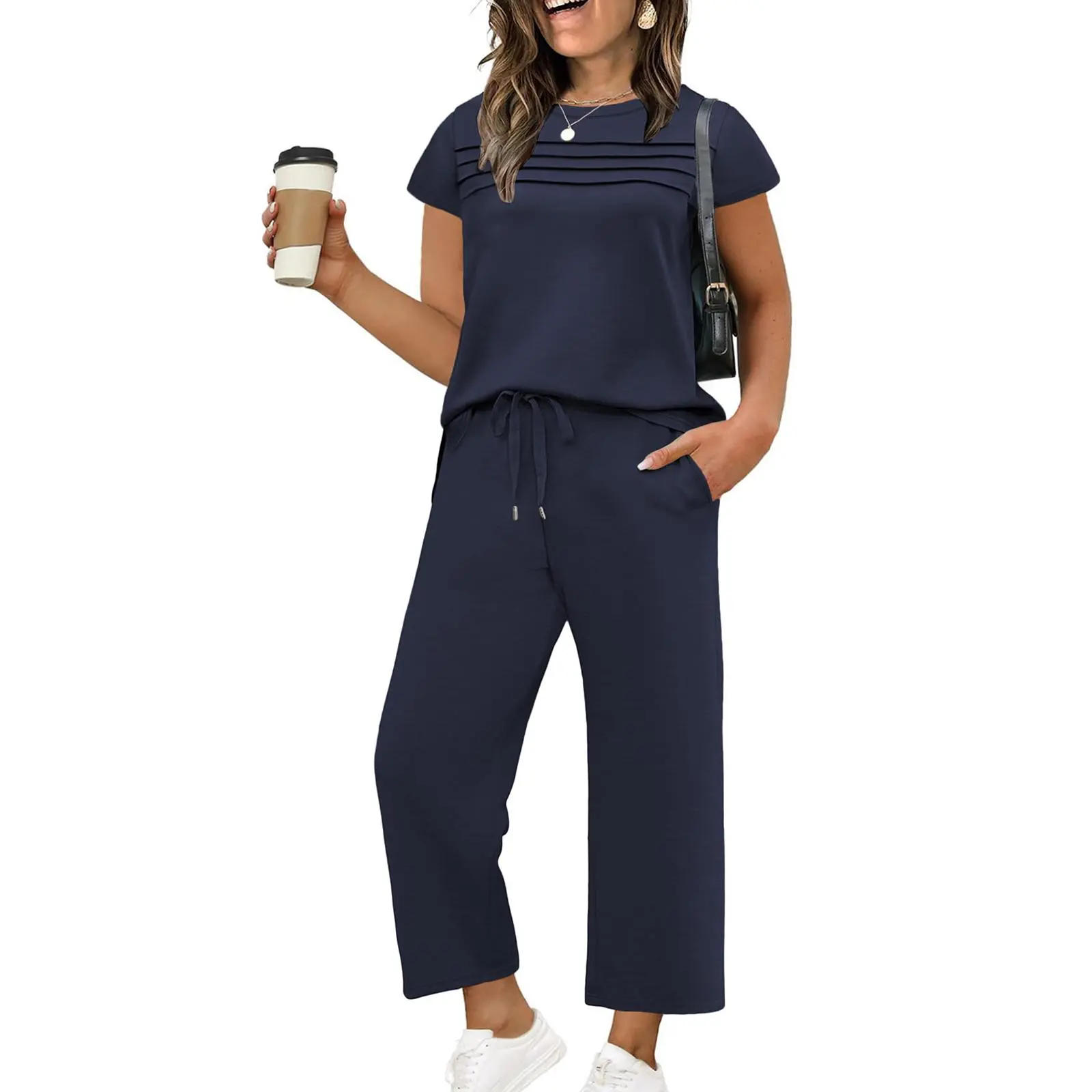 Eytino Plus Size Two Piece Sets for Women Casual Summer Outfits Short Sleeve Tops Wide Leg Pants Lounge Sweatsuits(1X-5X)