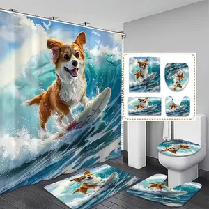 Cartoon Dog Pattern Bathroom Decor Set, 1 Shower Curtain & 1 Toilet Lid Cover & 1 Rectangular Mat & 1 U-shaped Mat, Bathroom Accessories
