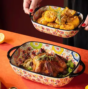 TAUFIKT 2 Piece Floral Baking Pan, Vintage Ceramic Lasagna Pans Baking Dish with Handles for Oven/Cooking/Kitchen, Non-Stick & Stackable Tableware