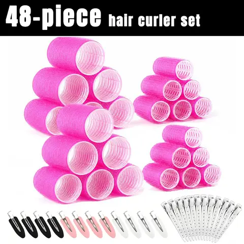 Heatless 48-Piece Salon-Quality Fluffy Hair Curler Kit - Lightweight Durable Daily Styling Gift for Long Thick Hair, Includes Large Small Wave Bouncy Rollers & Stainless Steel Clips for Enthusiasts, Creates Curly Style