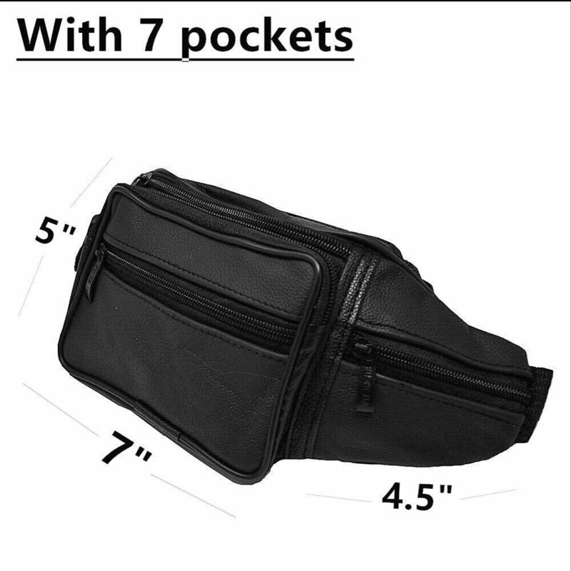 Black Genuine Leather Fanny Pack - Stylish Waist Bag with 3 Compartments & 5 Front Pockets - Ideal for Travelers & Daily Use - Hands-Free Crossbody Purse