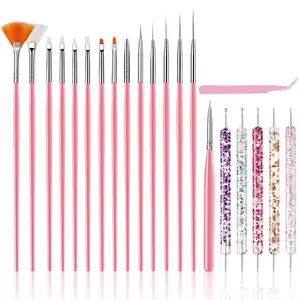 Nail Art Tools Set, Nail Art Kit for Beginners: 15 professional nail brushes for nail art, 5 precision dotting tools, 1 pink curved tweezers, Design Tools for Nail Tech & Beginners