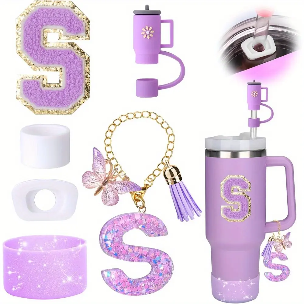 Water bottle Straw cap, silicone straw top Accessories set of 6 pieces for 30 oz 40 oz water bottle with handle, including straw top and boot, spill stopper, handle pendant, initial sticker cup accessory, Christmas gift, Halloween gift Cover Drinkware sum