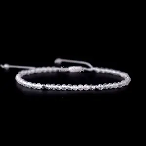 Clear Quartz 4mm Small Beads Natural White Crystal Handmade Braided Woven Adjustable Bracelet for Women Men, Healing Protection Bracelets