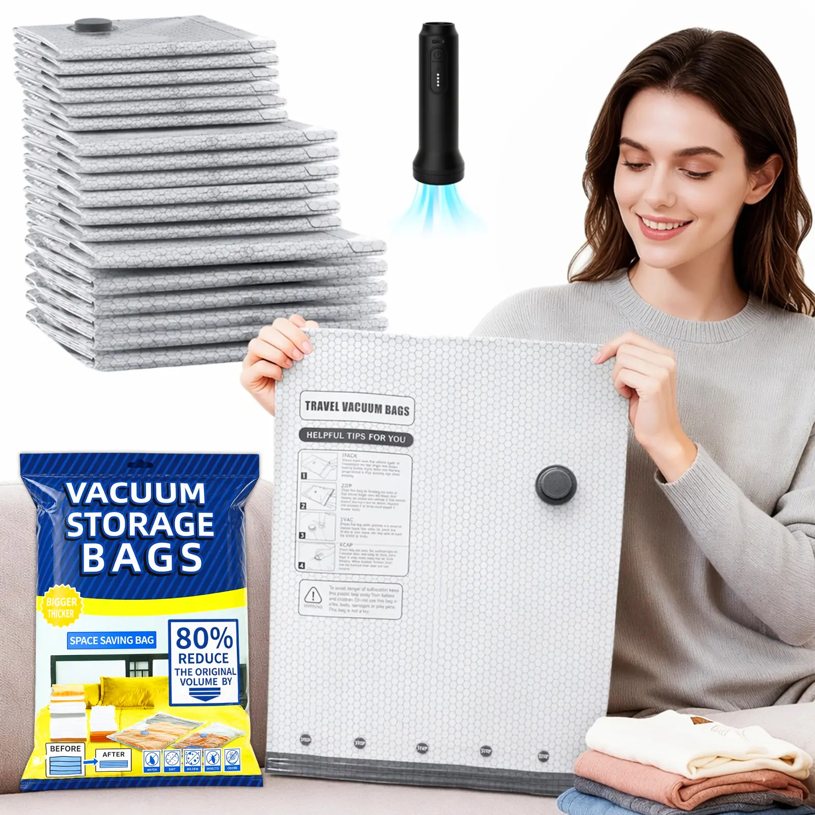 15 Pack Air Compression Storage Bags with Wireless Rechargeable Vacuum Pump, Portable Space Saving Organizer Bags for Travel, Garments, Bedding and Seasonal Home Use