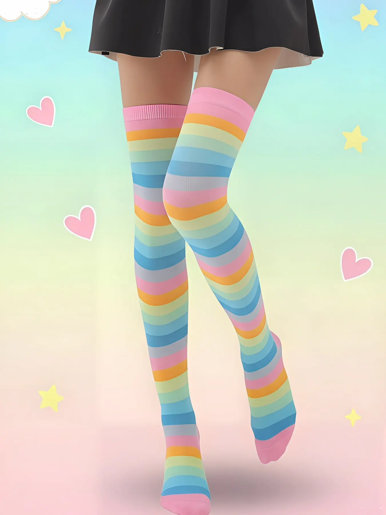Women's Trendy Multicolor Rainbow Striped Over-The-Knee Long Socks, Casual Fitted Stockings for All Seasons, Fashionable Cartoon Pattern