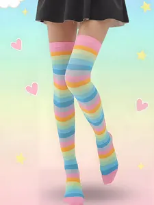 Women's Trendy Multicolor Rainbow Striped Over-The-Knee Thigh High Socks, Casual Fitted Stockings for All Seasons, Fashionable Cartoon Pattern