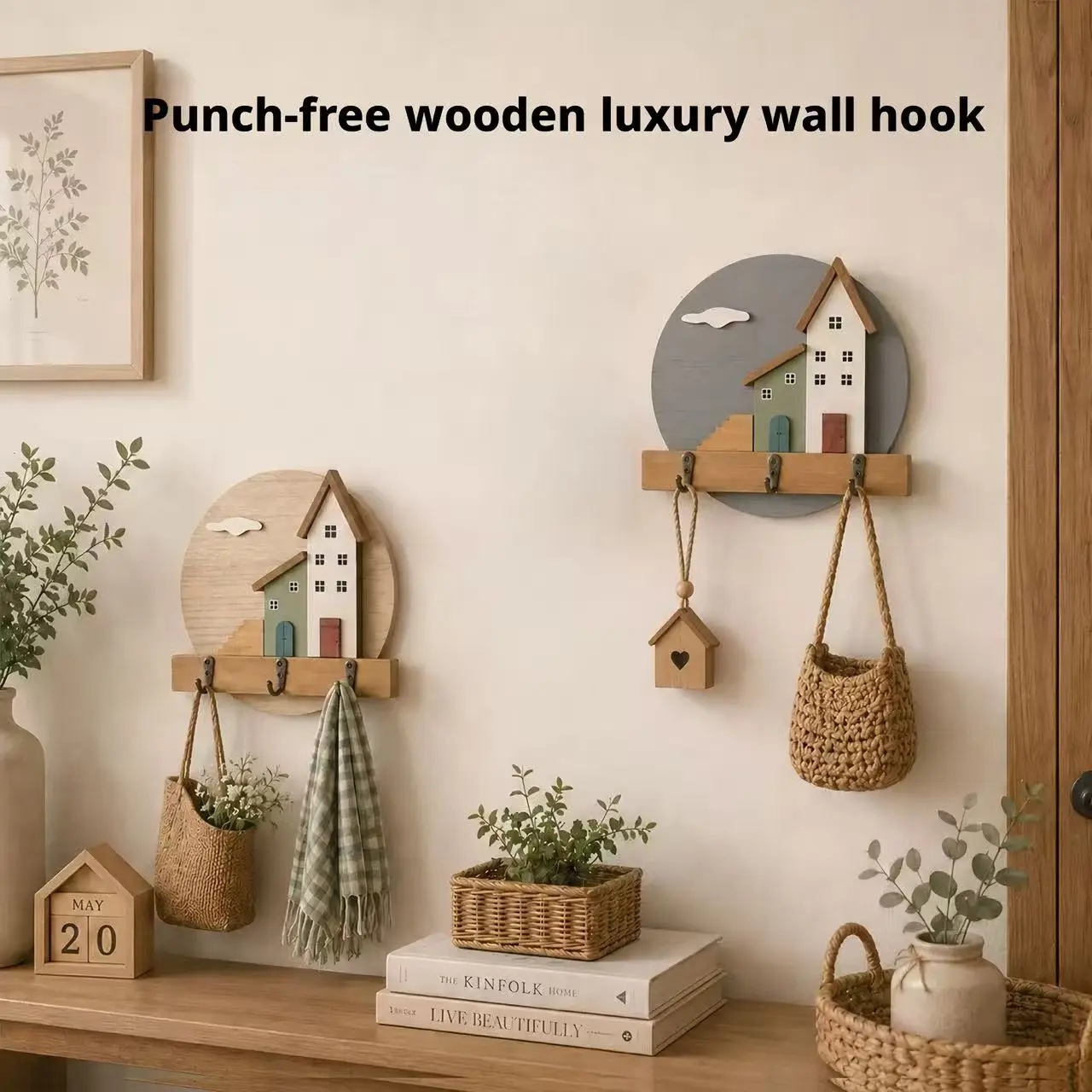 No-Drill Wooden Wall Hook, Modern Minimalist Nordic Style Home Storage Coat Hook for Entryway Key, Bag, Scarf & Accessory Organization