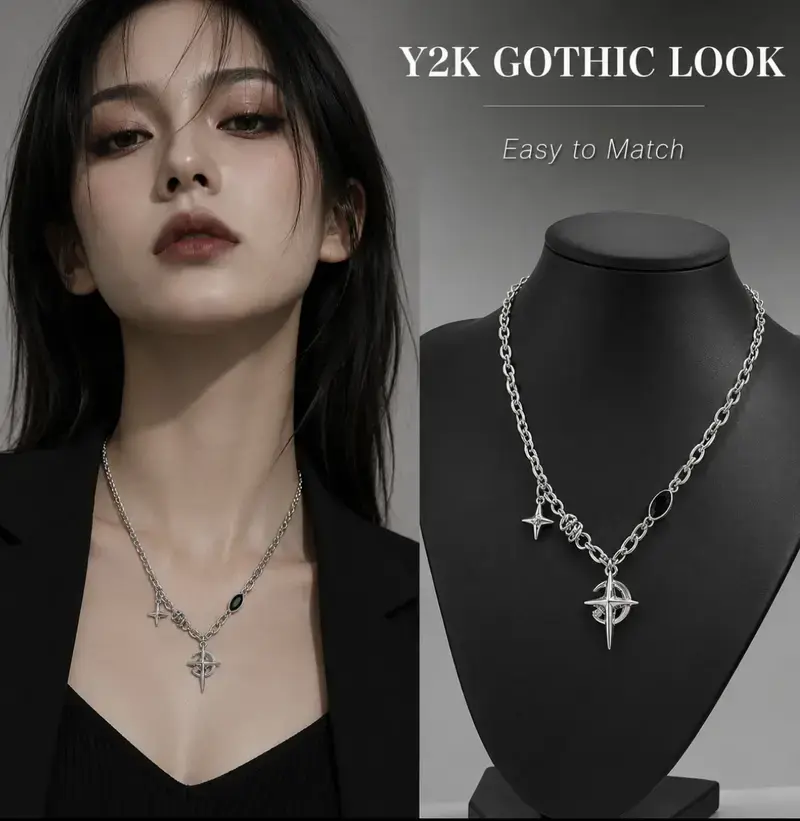 Titanium steel black zircon star and moon necklace with starburst design, Cuban Figaro spliced chain, punk style pendant trendy choker, unisex jewelry, ideal gift choice
