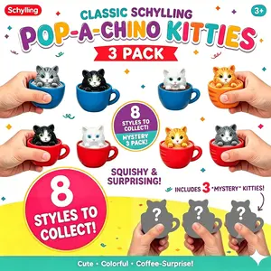 Schylling Pop-a-chino Kitties Collectible Surprise Toys – 3 Pack Bundle with 3 Unique Kitty Styles,Squeezy Pop-in-a-Cup Fun