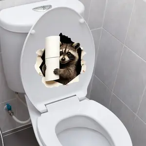 Funny Raccoon Holding Paper Toilet Sticker Cracking Washroom Decal Waterproof Animal Toilet Seat Cover Sticker Cute Raccoon Toilet Decoration Bathroom Decorations Bathroom Wall Decal Bathroom Decor Supplies
