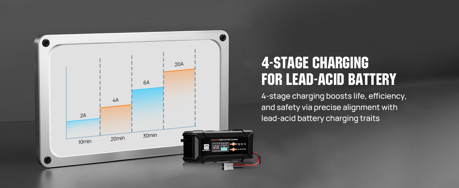 ECO-WORTHY 12V/24V 20A Automatic LCD All-in-1 Battery Charger Solution for Lithium LiFePO4 & Lead Batteries, 14.6V Output, 15V Pulse Repair, 0V Activation, Overcharge Protection for Home Electrical Power Supplies, Motorcycles