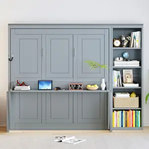Queen Size Murphy Bed with Desk and Bookshelf, Gray