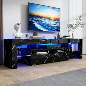 70in LED TV Stand for 75/80 inch TV, High Glossy Modern Entertainment Center with Drawer and Open Shelf, Television Table Center Media Console for Living Room, White/Black/Marble Black
