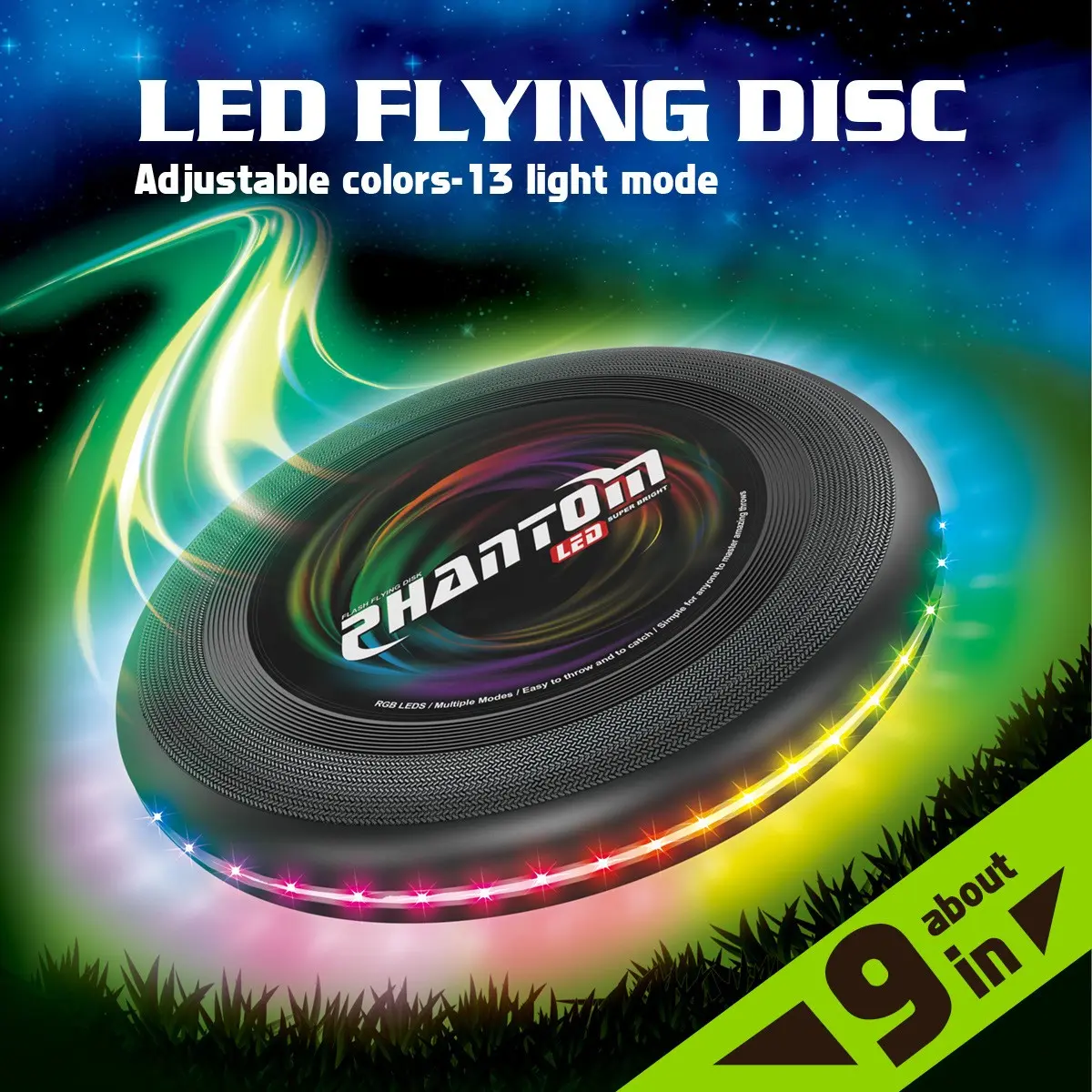 9-Inch Outdoor Sport Ultimate Frisbee Disc Hand-Throw with Multi-Color RGB Lights Waterproof Rechargeable Portable Toy Game for Outdoor Activities and Gifting