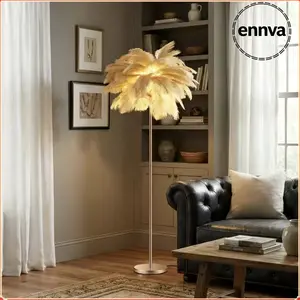 Feather floor lamp, fluffy ostrich feather floor lamp for bedroom, 3-color temperature LED modern corner lamp, suitable for living room Christmas home decoration, housewarming gift, height 63inch (gold)