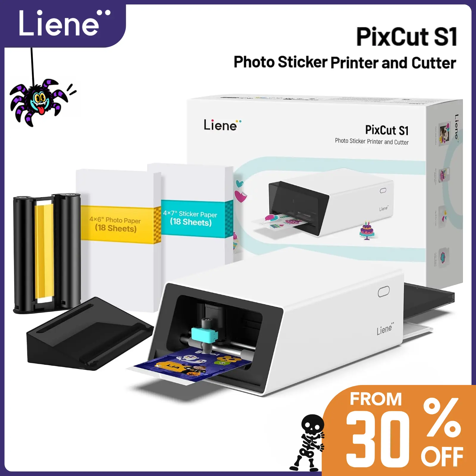 Liene PixCut S1 All-in-1 Color Sticker Printer-Cutting Machine, Thermal Dye-Sublimation Thermal Label Printer with 300dpi Print, Bluetooth, Compact Design, Precise AI Auto-Cutting, AI Design App Support for DIY Crafts, Label Printing