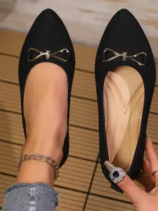 Elegant Women's Round Toe Work Shoes, Comfortable Single Sole, Casual Patchwork Design, Textile Upper, Rubber Sole, Spring & Fall