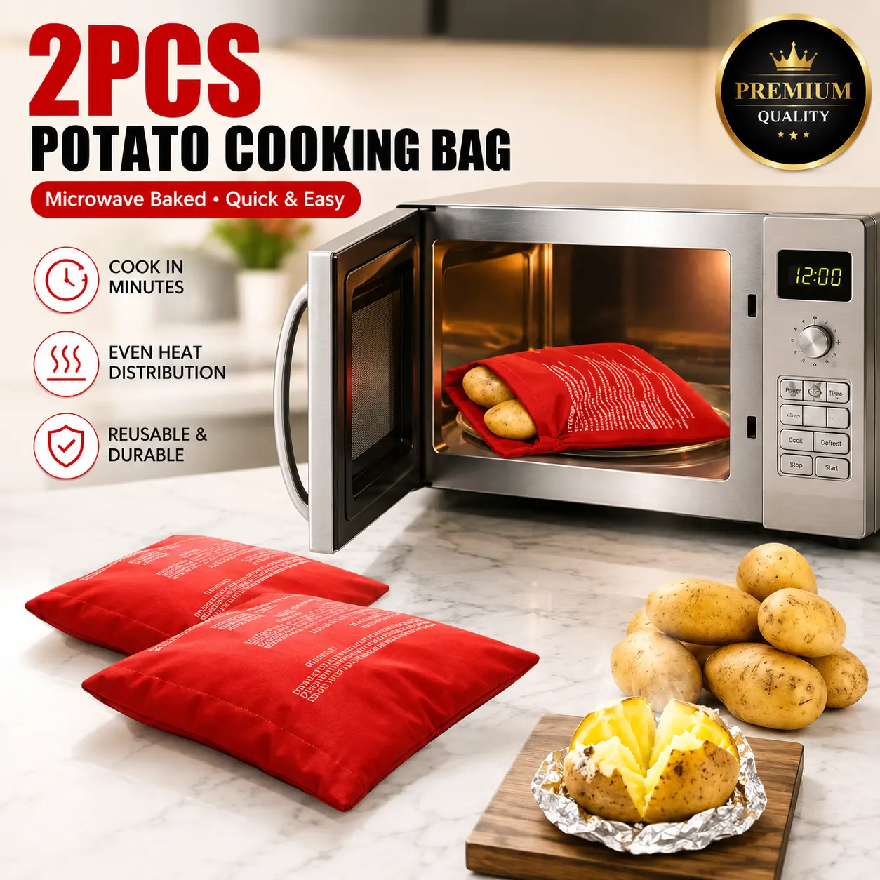 2PCS Reusable Microwave Kitchen Cooking Bags - Household Appliance Accessory, Fast Baked Potato Cooker, Quick Steam Pouch with Even Heat Distribution