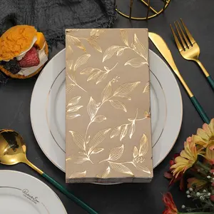 20pcs of Napkins Featuring Golden Leaves And Black Printed Leaf Patterns, 2-Ply, Measuring 13X15.75 Inches - Perfect for Wedding, Birthday, And Garden Party Decorations, Suitable for Easter, Hanukkah, Thanksgiving, Father'S Day, And Mother'S Day