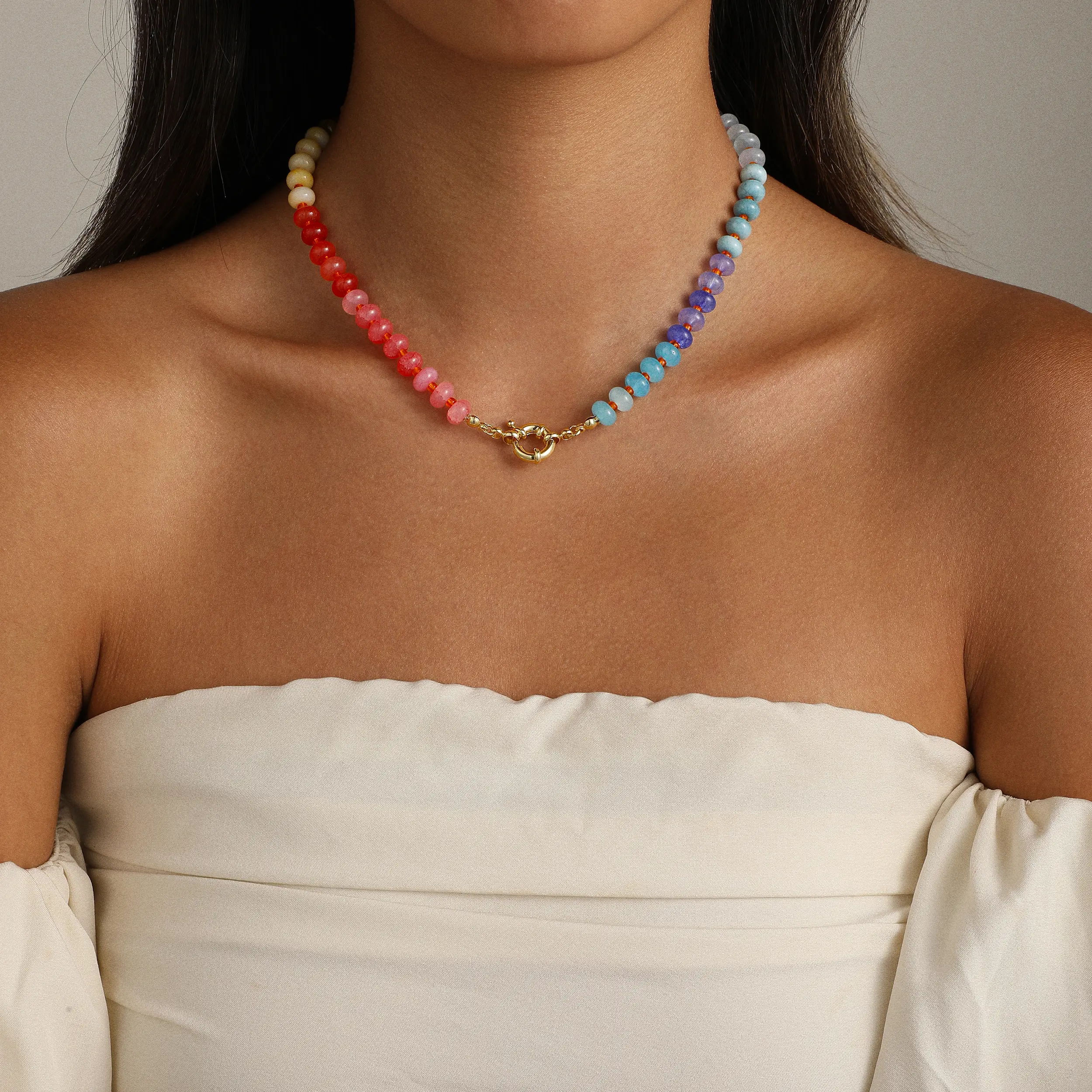 CAROVO Women's Rainbow Acrylic Natural Stone Beaded Choker Necklace, 16in Spring Ring Clasp Boho Ethnic Collar Jewelry for Summer Beach Vacation Gift